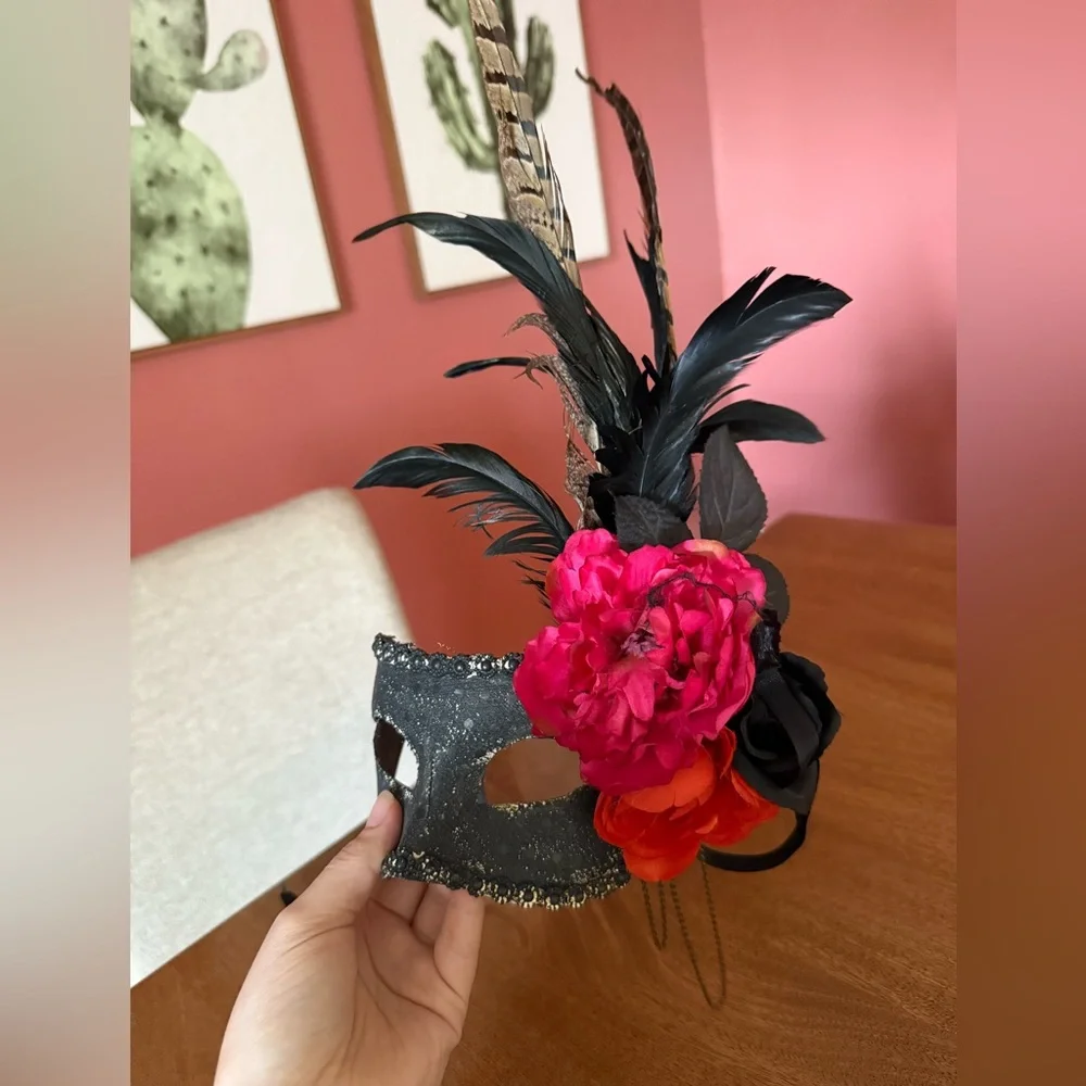 Masquerade Mask Pink Orange Flowers and Feathers